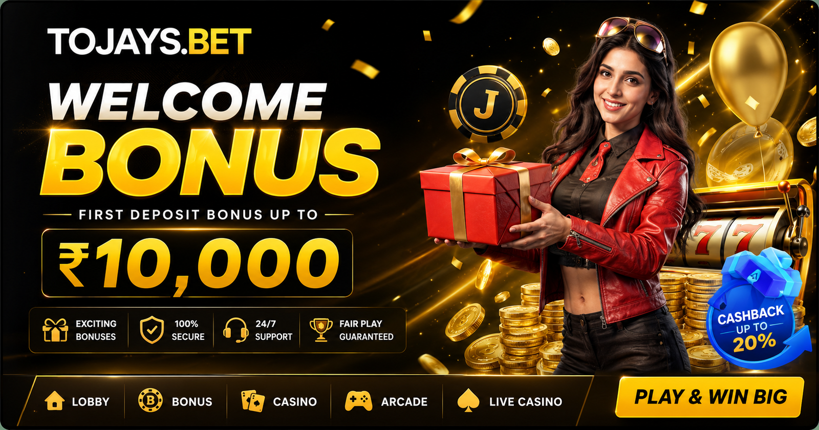 2J Game welcome bonus banner — first deposit bonus up to ₹10,000 with 20% cashback, 24/7 support and fair play guaranteed